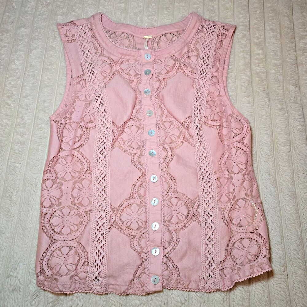 Free People Women's Pink Floral Lace Sleeveless Button Front Tank Top Size S